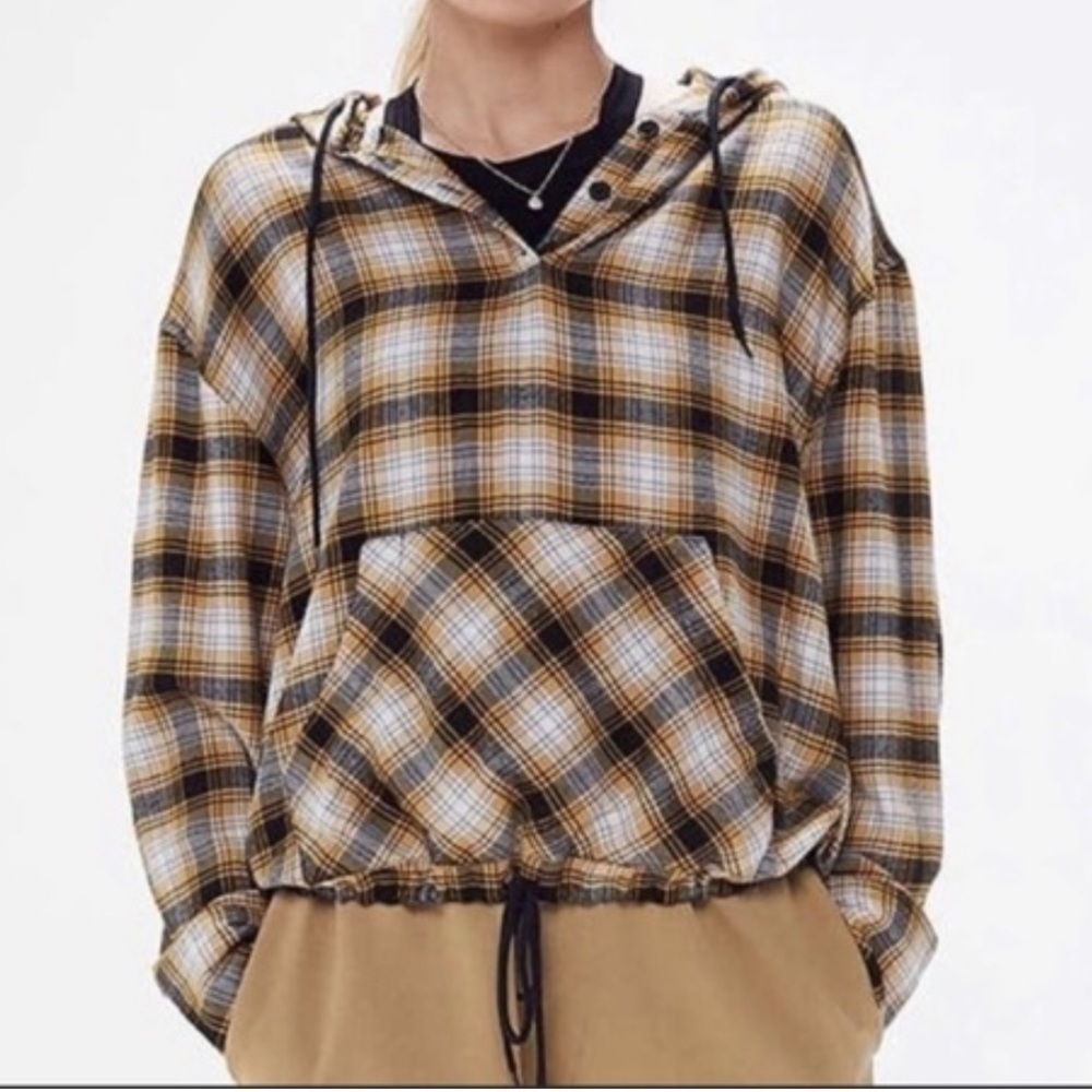Urban Outfitters mustard black Alex plaid flannel hoodie‎ long sleeves top